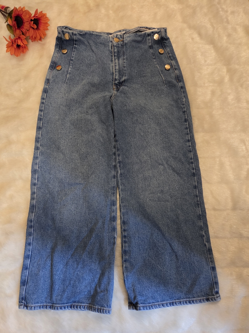 Zara Medium Blue High-Rise Wide-Leg Jeans with Gold Buttons
